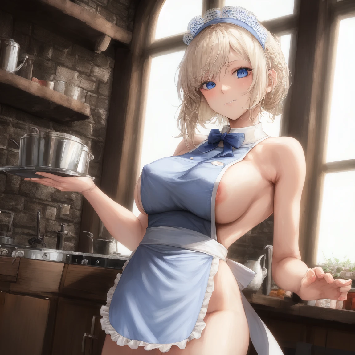 裸エプロンの横乳