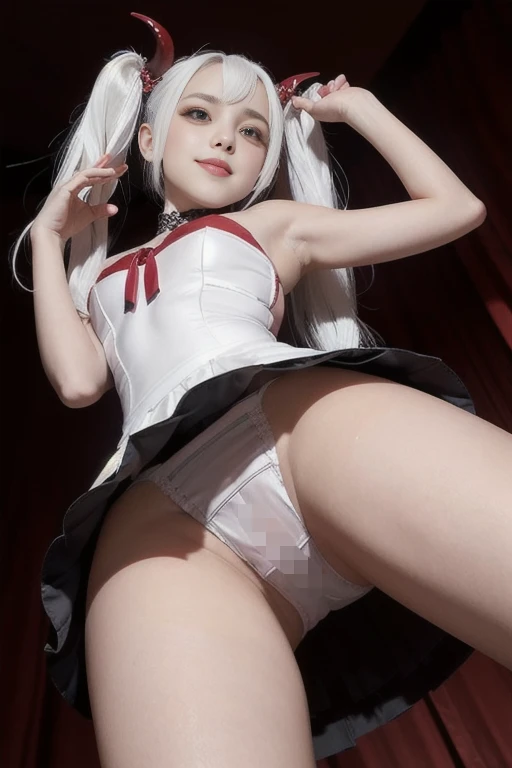 [Stable Diffusion] ツインテール ベッドの上 笑う きれいな顔 にやにや 下から R18・エロ パンツ 傑作 コスプレ アップスカート 下着 サキュバス [リアル・写真・実写]